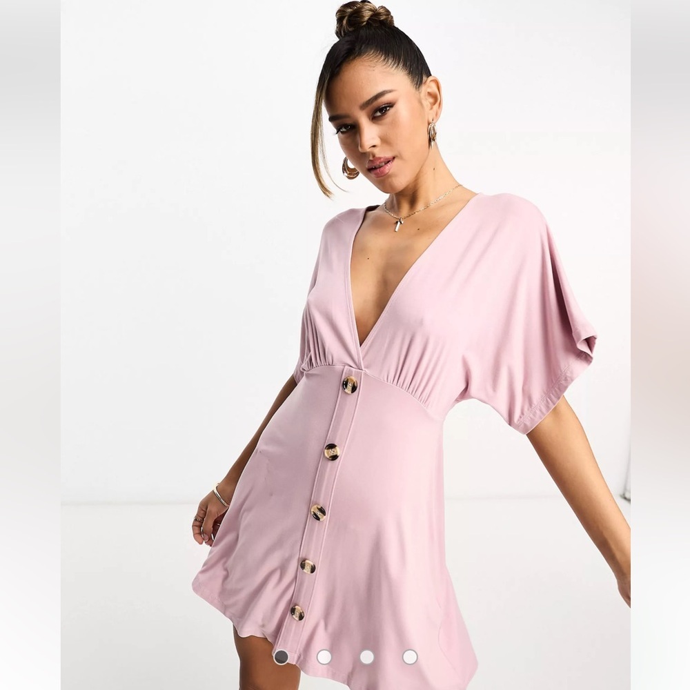 ASOS DESIGN flutter sleeve mini tea dress with buttons in rose pink HH. - Picture 3 of 13